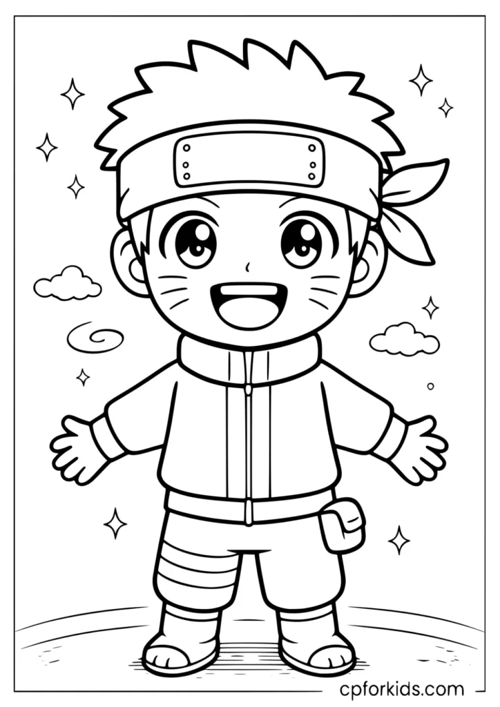 Simple smiling ninja boy with headband for preschoolers coloring page