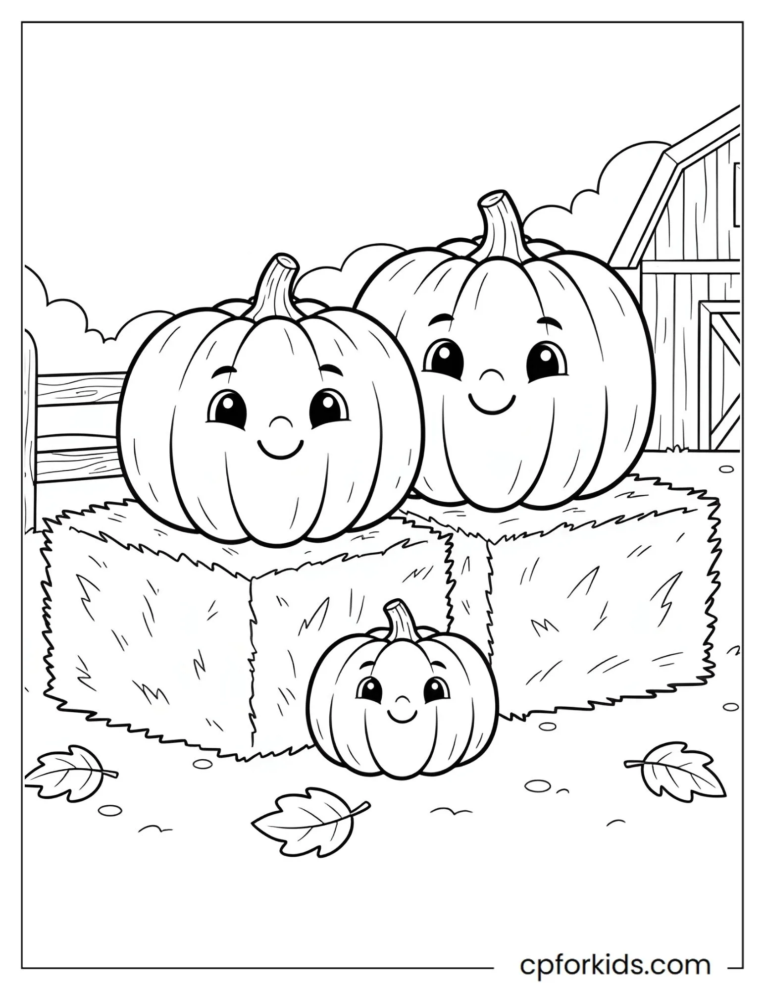 Smiling pumpkins next to hay bales in a patch