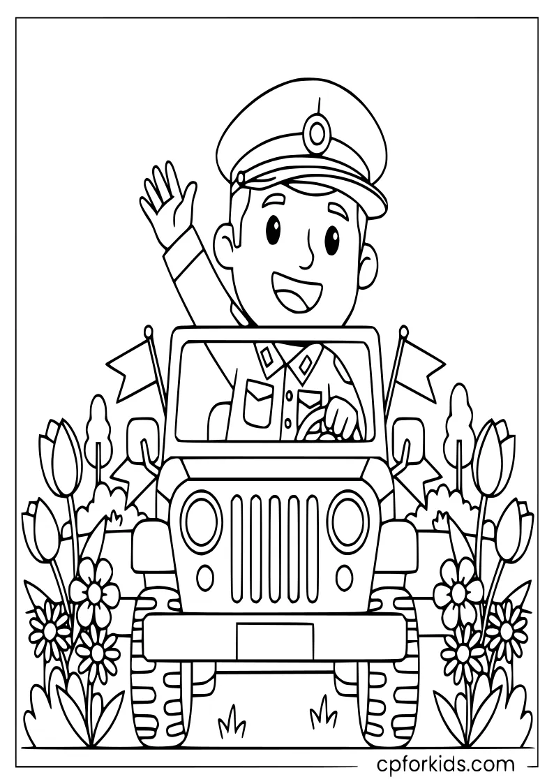 Smiling soldier waving from a jeep