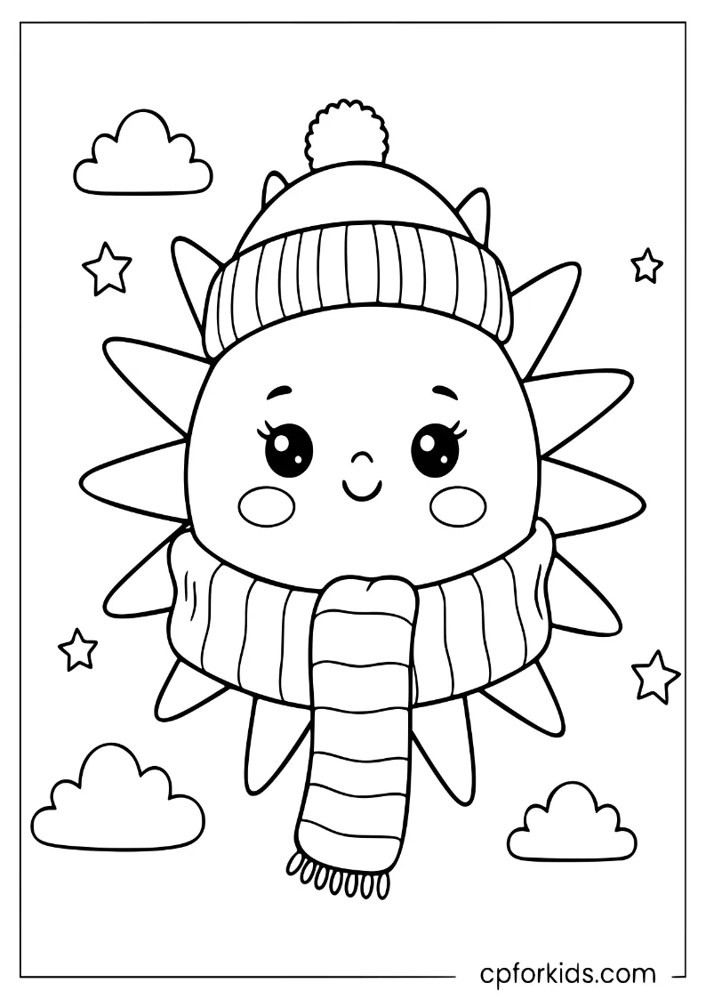 A smiling sun wearing a winter scarf and a beanie hat