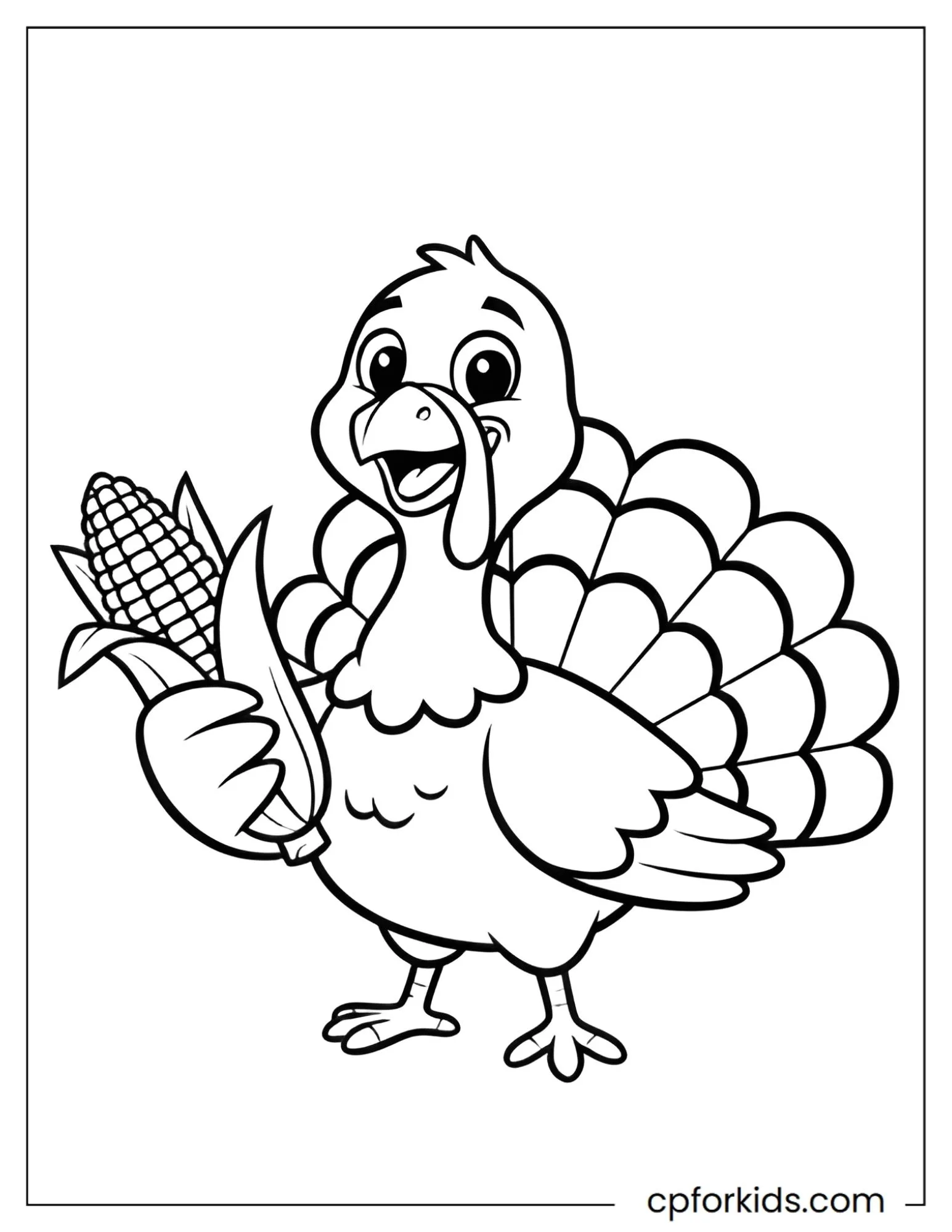 Turkey holding an ear of corn with open husks