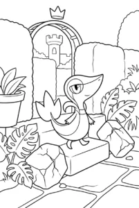 Snivy walking through a royal garden hedge maze