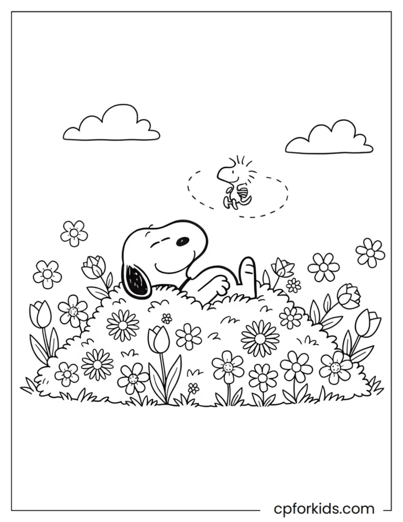 Snoopy resting on fresh spring flowers with Woodstock, a nostalgic scene to color.