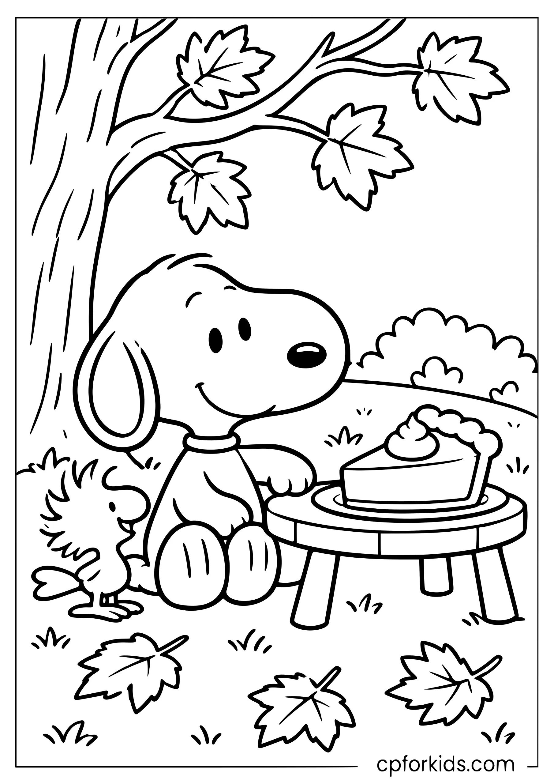Snoopy and Woodstock beside pie beneath an autumn tree