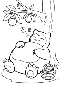 Snorlax sleeping under a berry tree beside a small berry basket