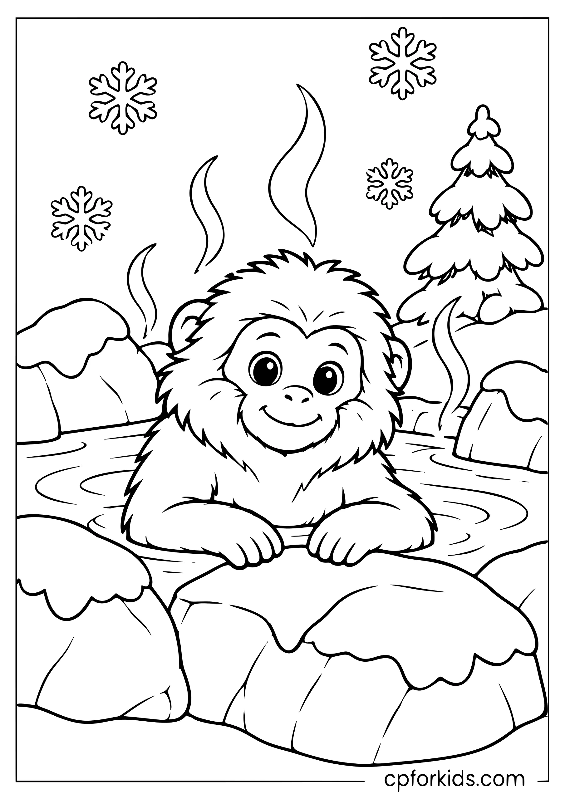 Snow monkey sitting in a steaming hot spring