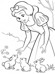 Snow White with forest animals in a woodland clearing
