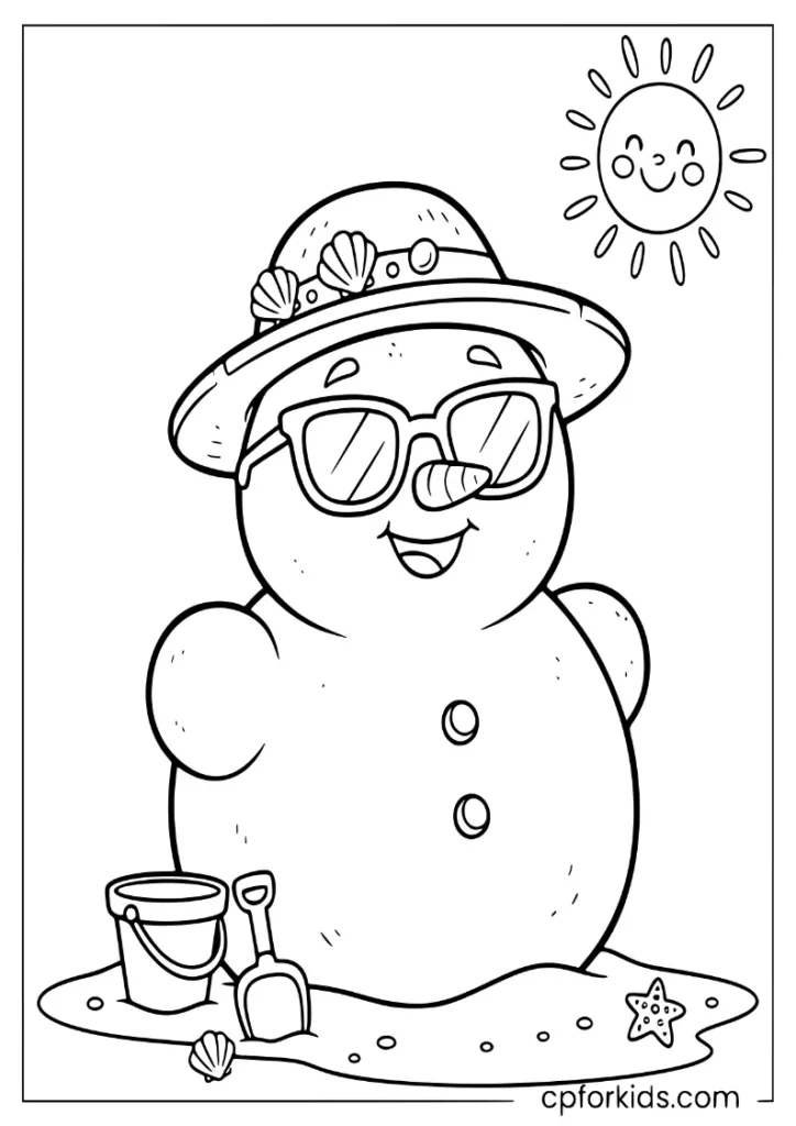 Snowman made of sand wearing sunglasses and a hat under the summer sun
