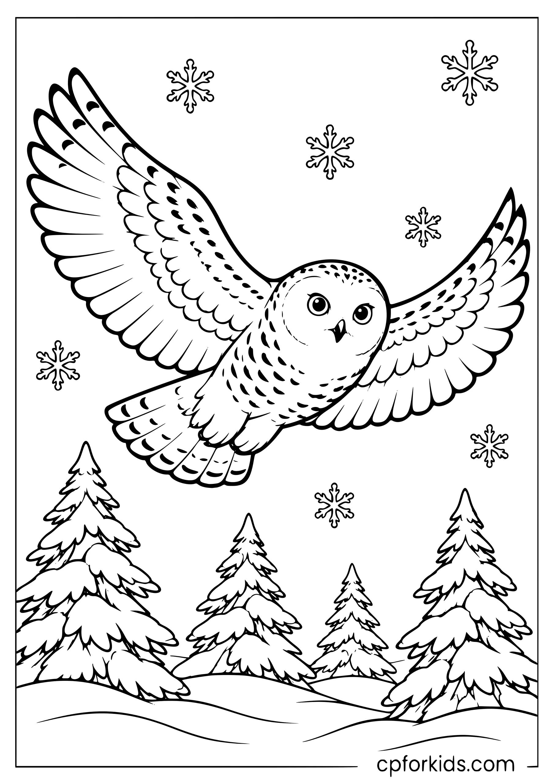 Snowy owl flying above pine trees