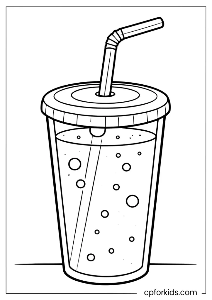 Soft drink cup fast food coloring page with straw for kids