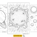 Solar system coloring pages preview featuring Saturn close-up, the sun with corona rays, and planets scattered in deep space