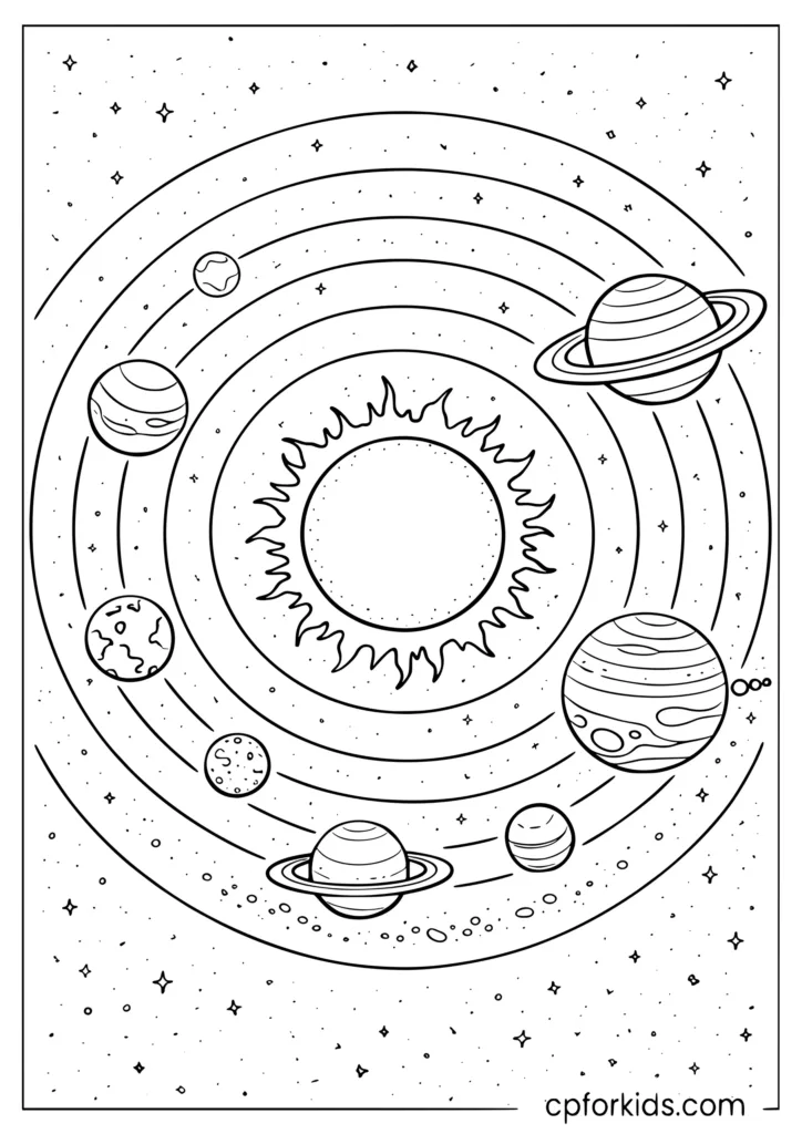 Solar system drawing coloring page outline with orbital rings and planet positions