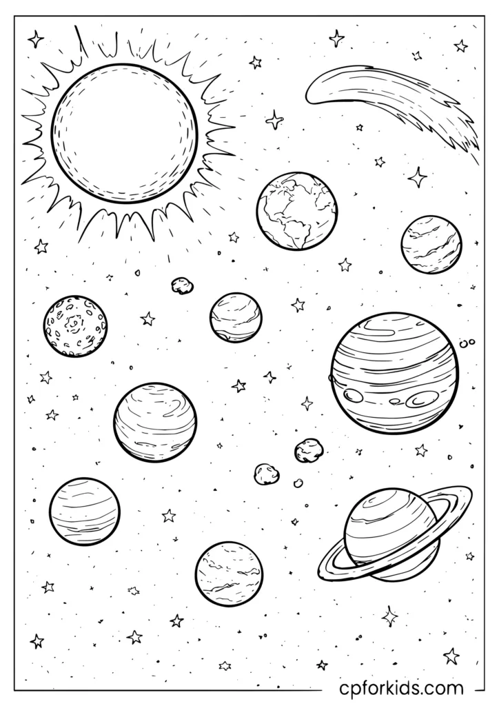 Top-down solar system orbital view poster with sun at center and all planets on orbital rings coloring page