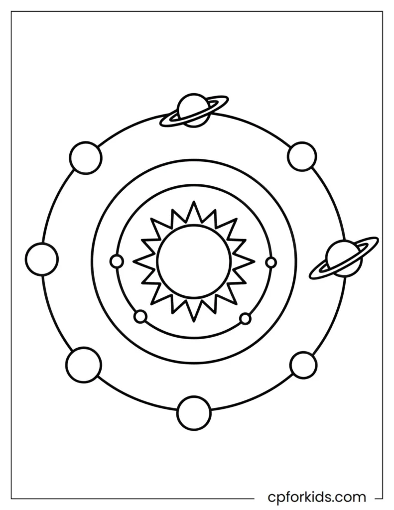 Solar system coloring page showing the sun and planets arranged in clear orbital order.