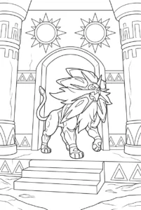 Solgaleo walking into a stone temple decorated with sun symbols