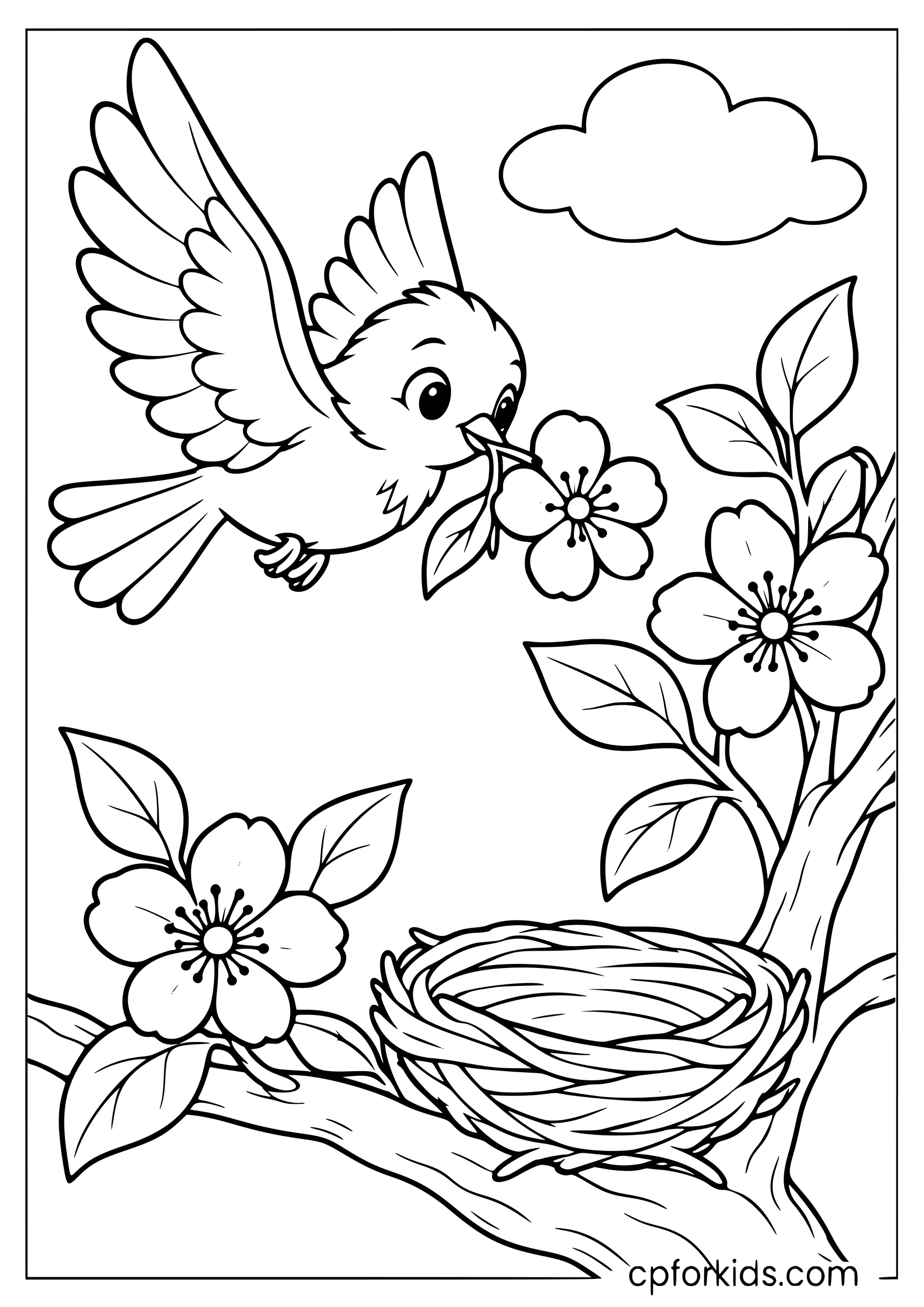 Songbird carrying a flower toward a blossom-covered nest branch