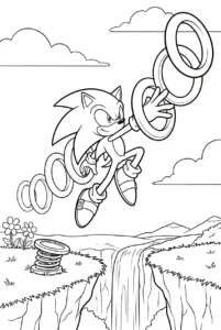 Sonic jumping through a sweeping trail of golden rings