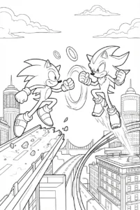 Sonic and Shadow leaping into battle above a city highway