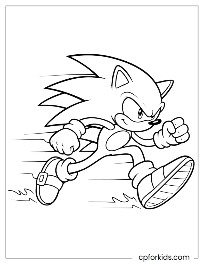 Sonic the Hedgehog Coloring Pages Sonic the Hedgehog coloring page showing the fast hero in a dynamic running pose, black and white outline.