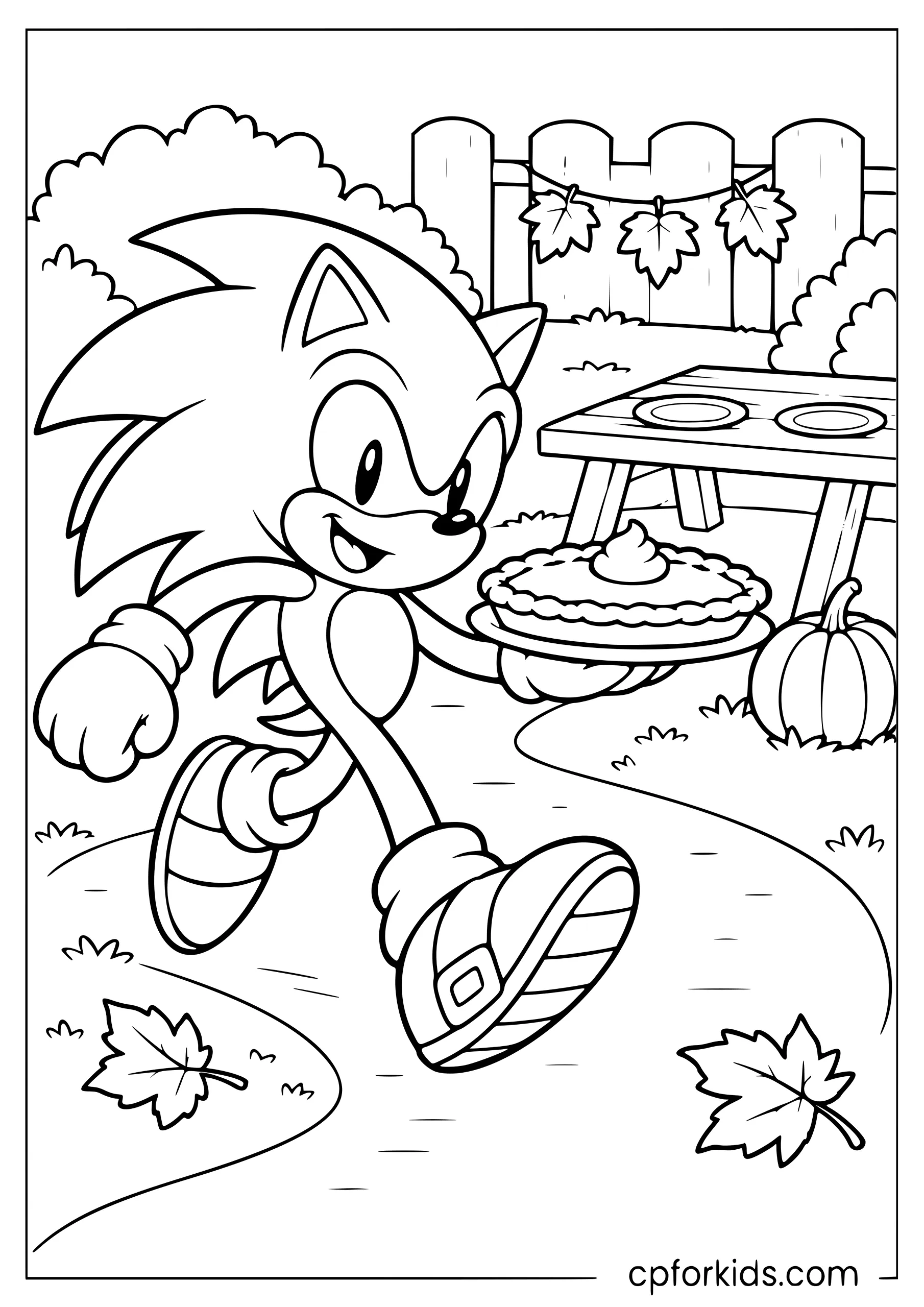 Sonic carrying pumpkin pie toward a picnic table