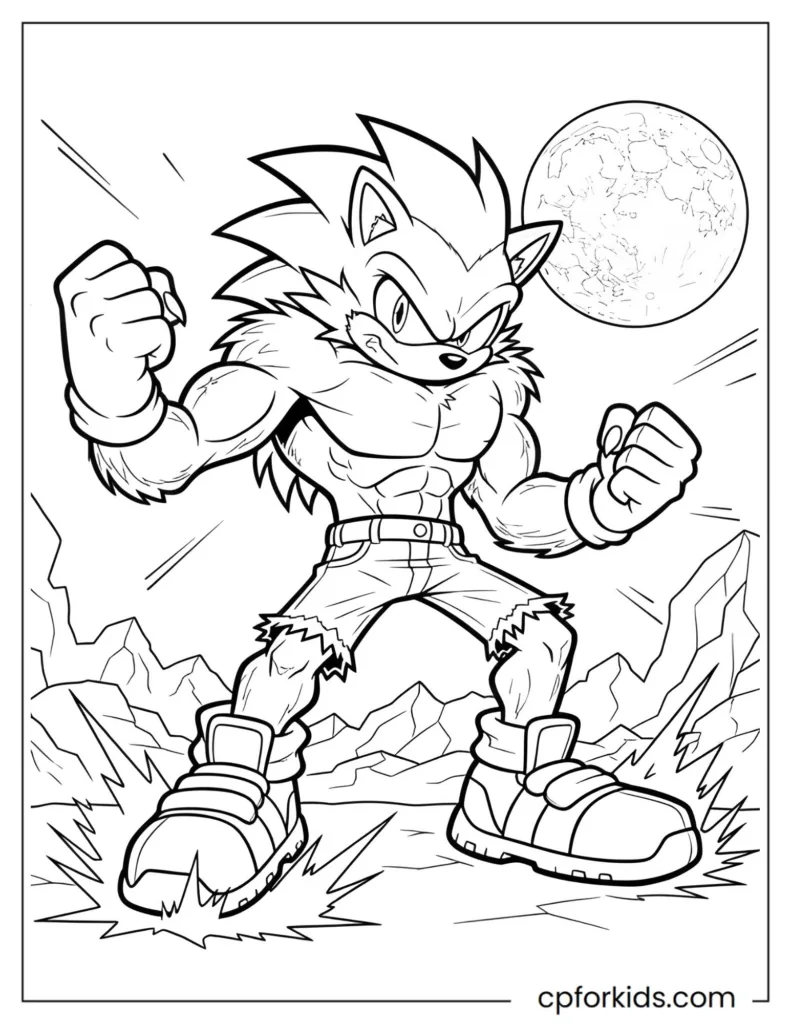 Werewolf inspired by the Sonic the Hedgehog character's wolf form, dynamic pose coloring page.