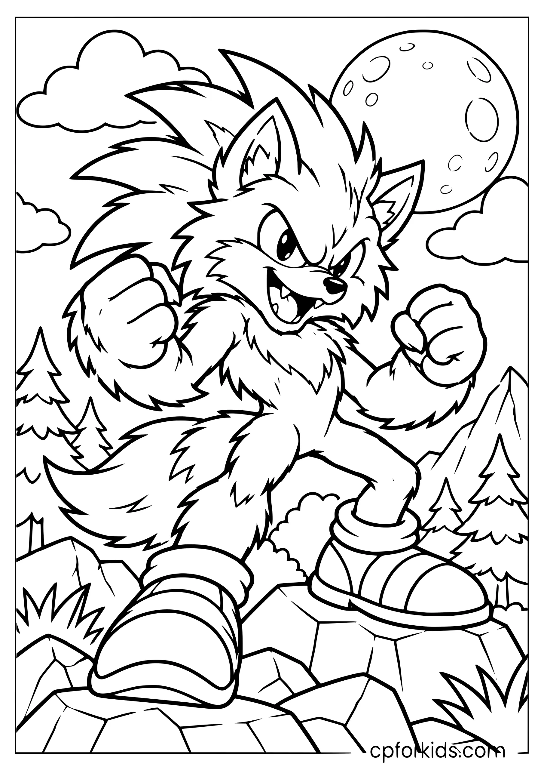 Spiky-haired werewolf raising fists on rocks beneath the moon