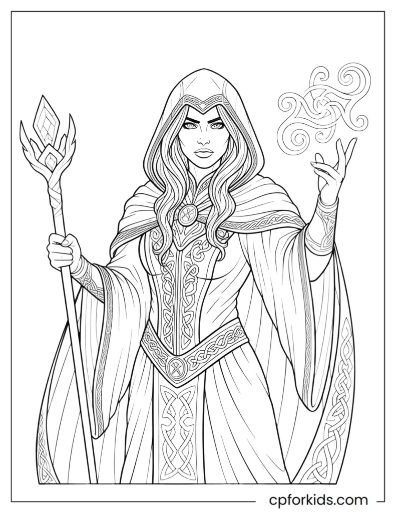 Wizard and sorcerer coloring pages featuring mystical fantasy characters.
