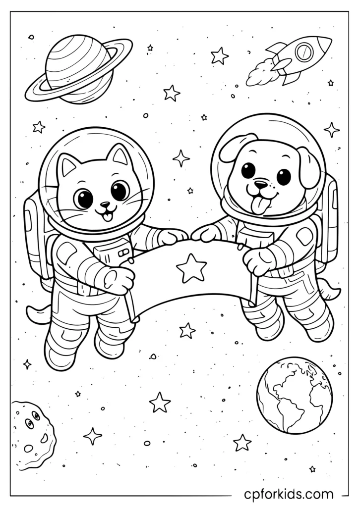 Space animals coloring page with a cat and dog in astronaut suits floating in space with planets around them