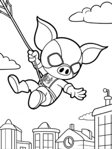Spider-Ham swinging through a playful cartoon city