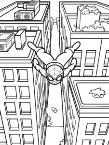 Spider-Man diving headfirst between tall city buildings