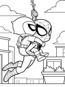 Spider-Man carrying a rescued person while swinging