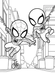 Spider-Man and Miles Morales fighting together in the city