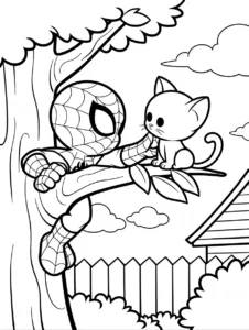 Spider-Man rescuing a kitten from a tall tree