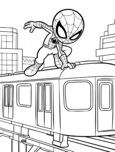 Spider-Man crouching on top of a moving subway train