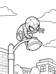 Spider-Man crouching on top of a curved streetlight