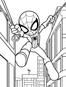 Spider-Man web-slinging between two downtown skyscrapers
