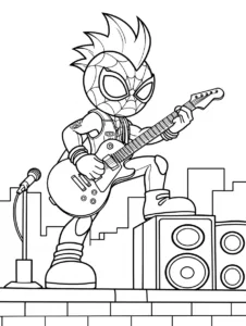 Spider-Punk playing an electric guitar on a city stage