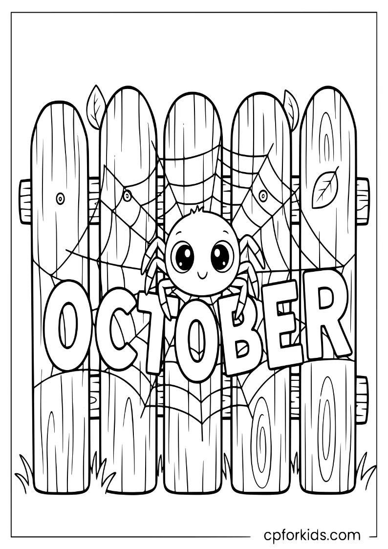 A spider weaving a web that spells out the word October on a fence