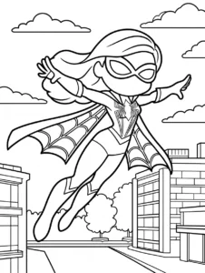 Spider-Woman gliding above a city street with arms spread