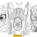 Three free Spiderman coloring pages — kawaii face, upside-down city swing, and mask close-up
