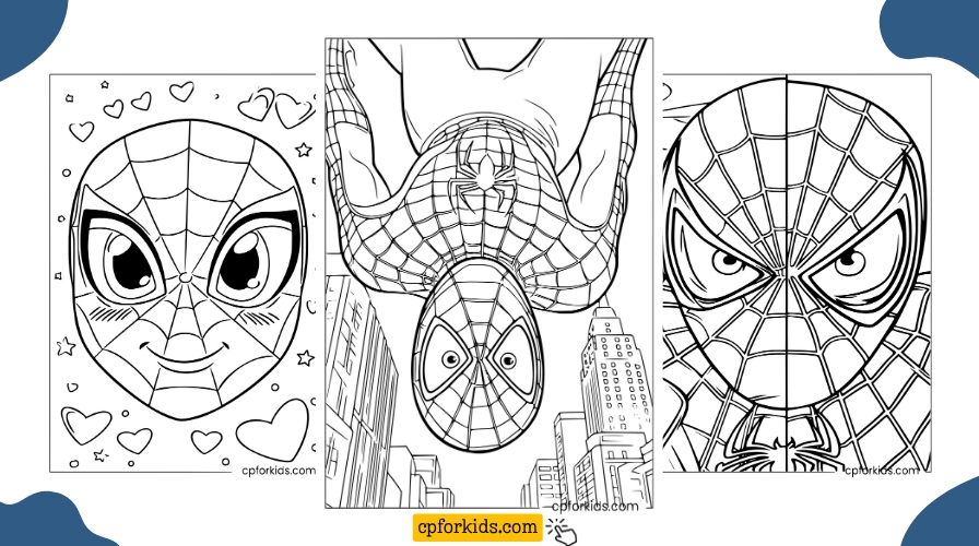 Three free Spiderman coloring pages — kawaii face, upside-down city swing, and mask close-up