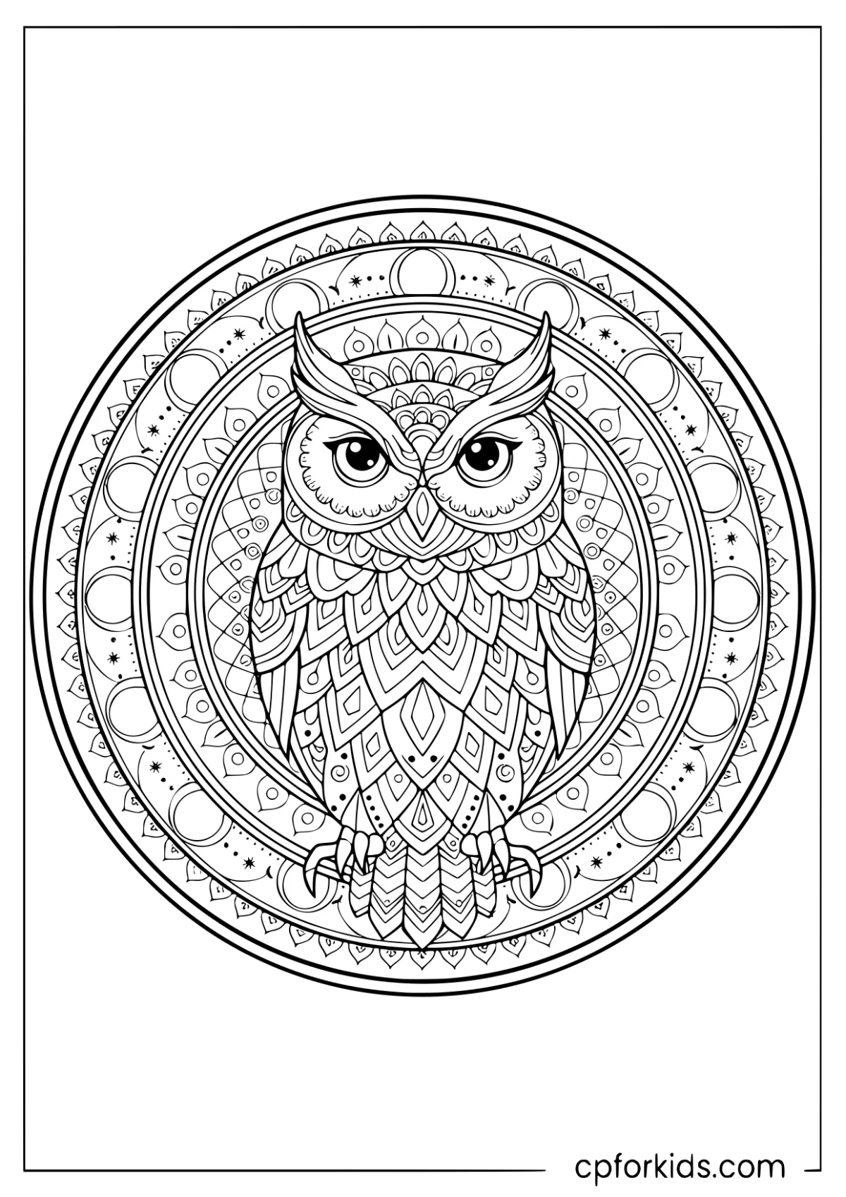 Owl with large eyes and layered ornamental feathers