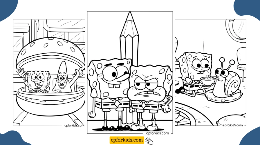 SpongeBob coloring pages collage featuring SpongeBob driving a burger car, facing DoodleBob, and feeding Gary the snail