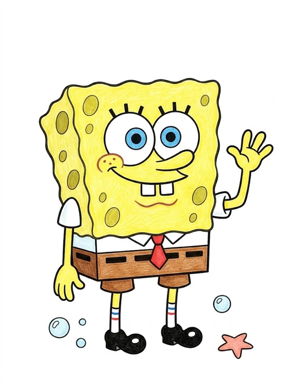 SpongeBob waving beside bubbles and a pink starfish