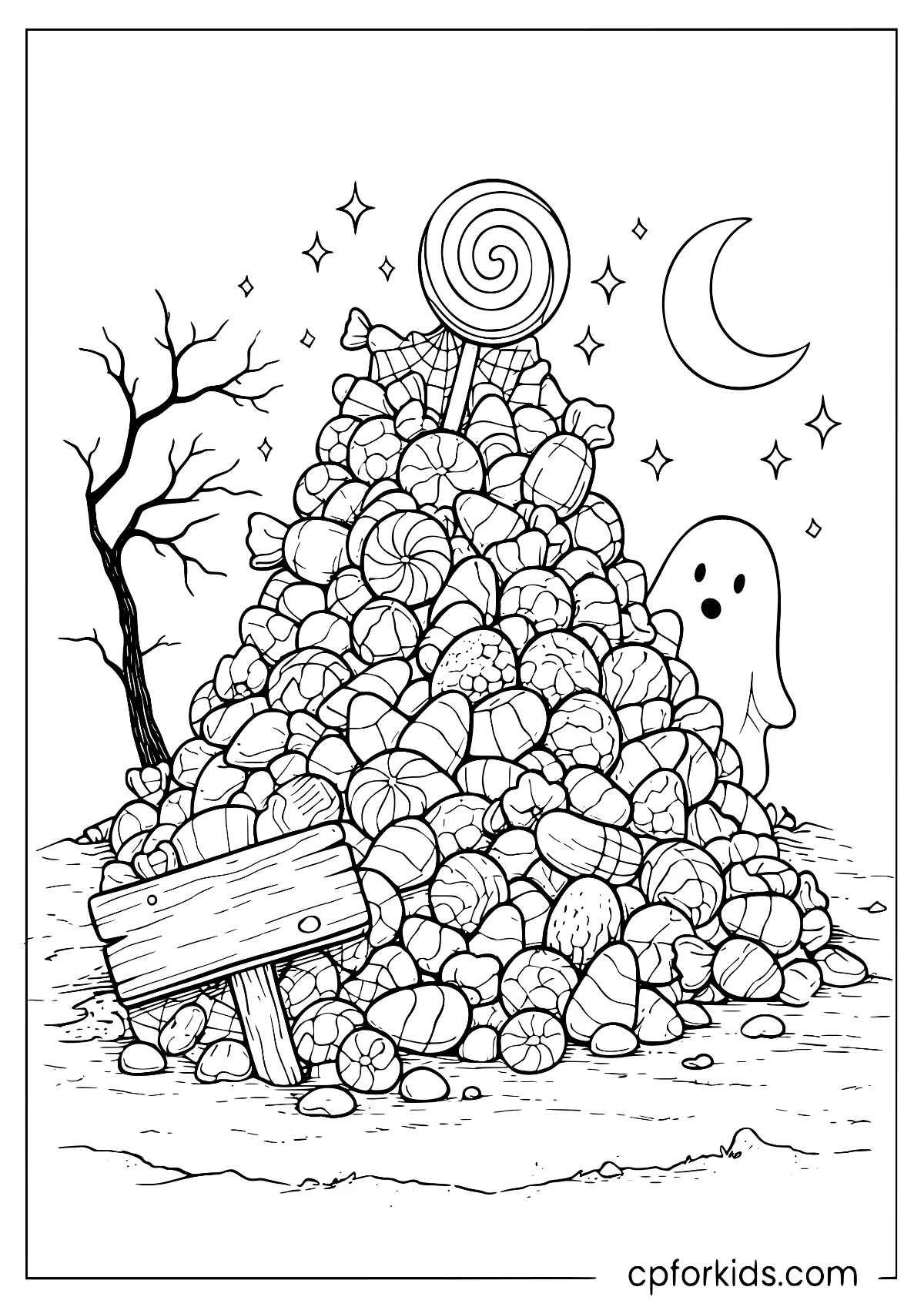 Spooky candy pile with ghost, web, and moon