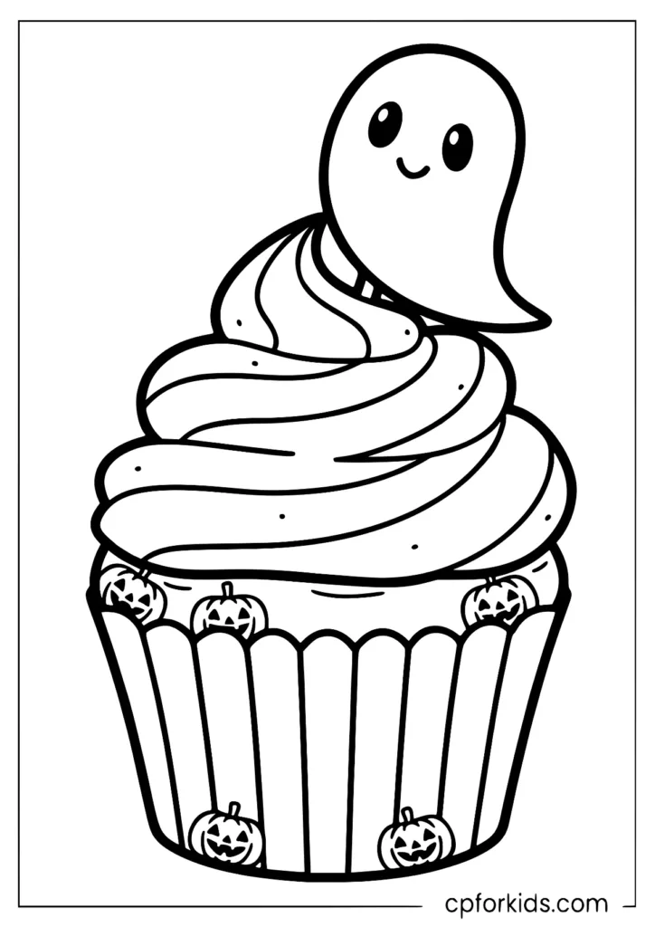 Halloween cupcake with cute ghost topper and jack-o'-lanterns
