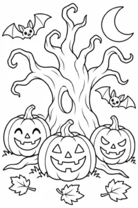 A crooked Halloween tree surrounded by jack-o’-lanterns