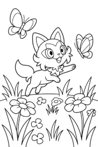 Sprigatito chasing butterflies through a flower meadow