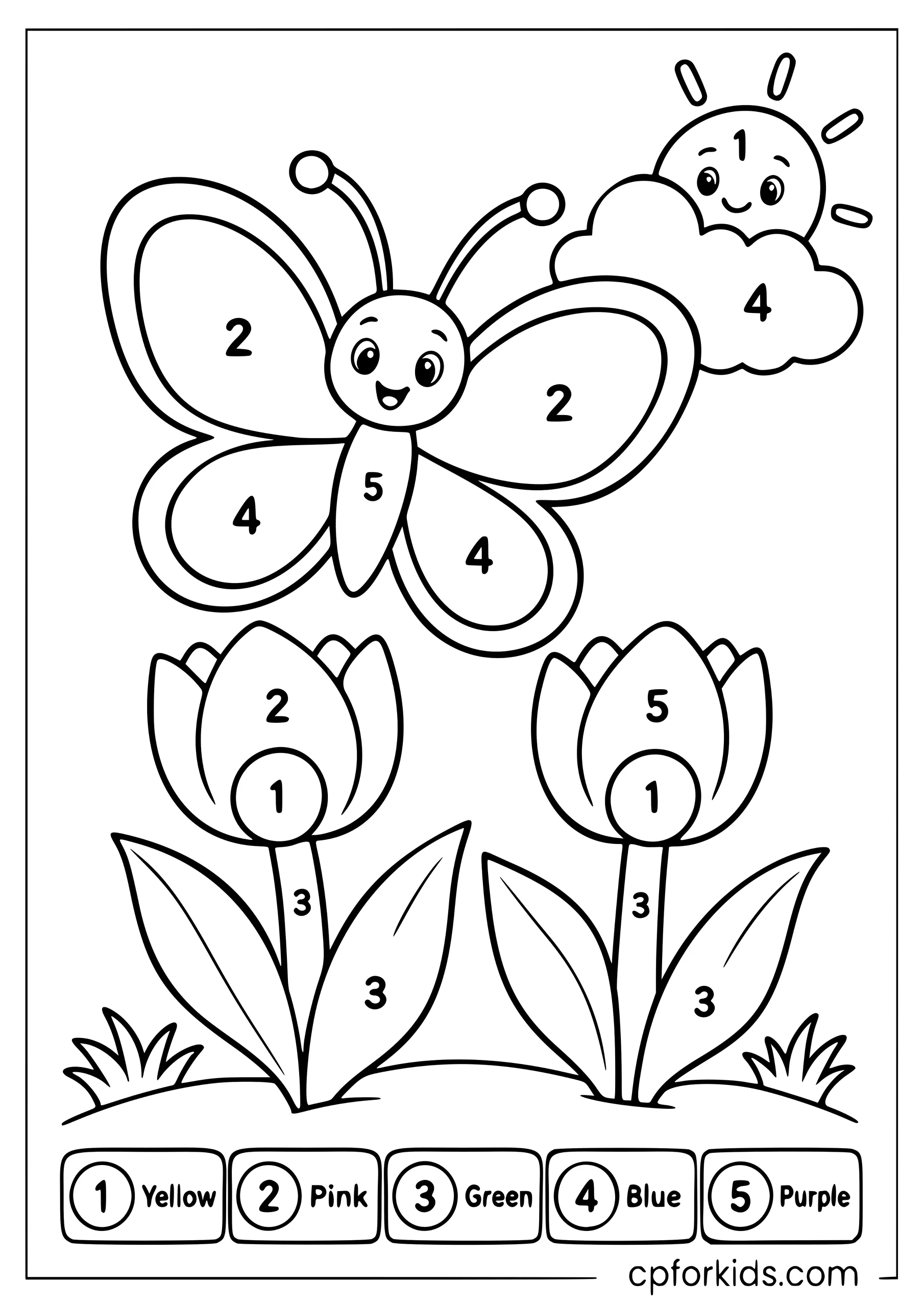 Butterfly, tulips, and sun color by number