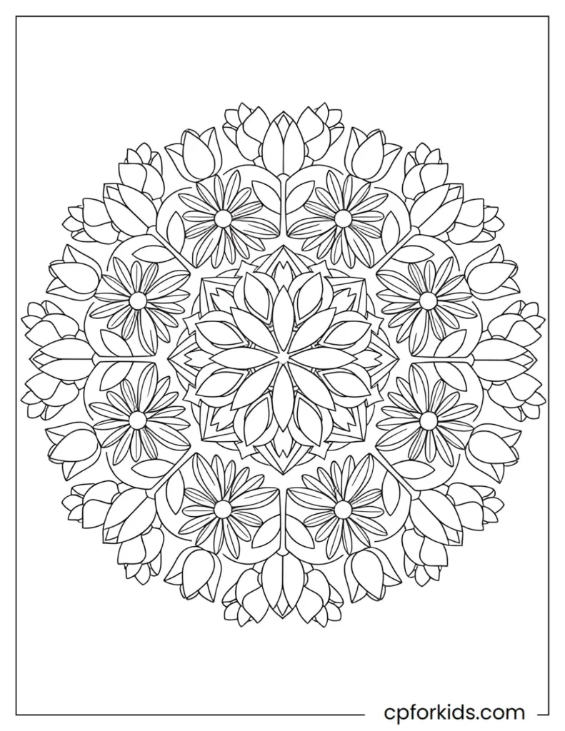 A circular spring mandala featuring symmetrical layers of tulips, daisies, and pointed leaves in a geometric floral pattern.